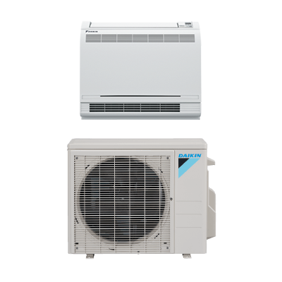 Daikin AURORA - Floor Mount Single Zone Heat Pump ★★★★★ ★★★★★ 4.9 out of 5 stars. Read reviews. (3095) AURORA floor mounted units are simple to install and can be setup in various configurations, on the floor or hanging low on a wall. Its low height enables the unit to fit perfectly beneath a window. The airflow distribution pattern of Daikin’s floor mounted unit is ideal for heating a space, and is a perfect replacement to traditional radiant systems. For the coldest regions, the outdoor units of this Daikin AURORA heat pump system have been redesigned to withstand extreme weather conditions with excellent energy efficiency ratings, even when it is down to -13°F / -25°C outside. Comfort Control Wireless App Daikin Comfort Control App From anywhere in the world. Or your living room. With the new Daikin Comfort Control App, you are always in control. You can use your tablet or smart-phone to access your Daikin system via the internet. Daikin Inverter Technology Daikin Inverter Technology Comfort Without Compromise Inverter technology helps prevent the common, and uncomfortable, temperature swings normally experienced with non-inverter HVAC systems. Daikin One DAIKIN ONE+ Smart Thermostat The first smart thermostat to offer full two-way communications with Daikin HVAC systems. Interested in this product? Find a Contractor View Rebates Up to 20 SEER Up to 11.7 HSPF 12.5 EER Coverage 250 - 1,600 sq.ft. Compressor Type Swing Price Tier $$$ ENERGY STAR® Partner ✓